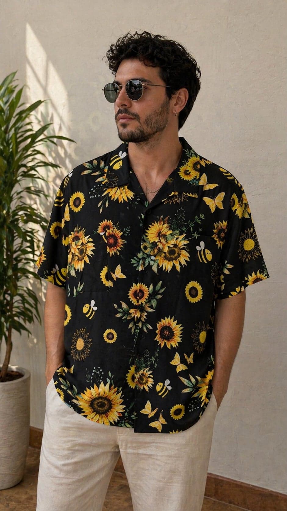 Camisa hombre negra con estampado de girasoles y mariposas